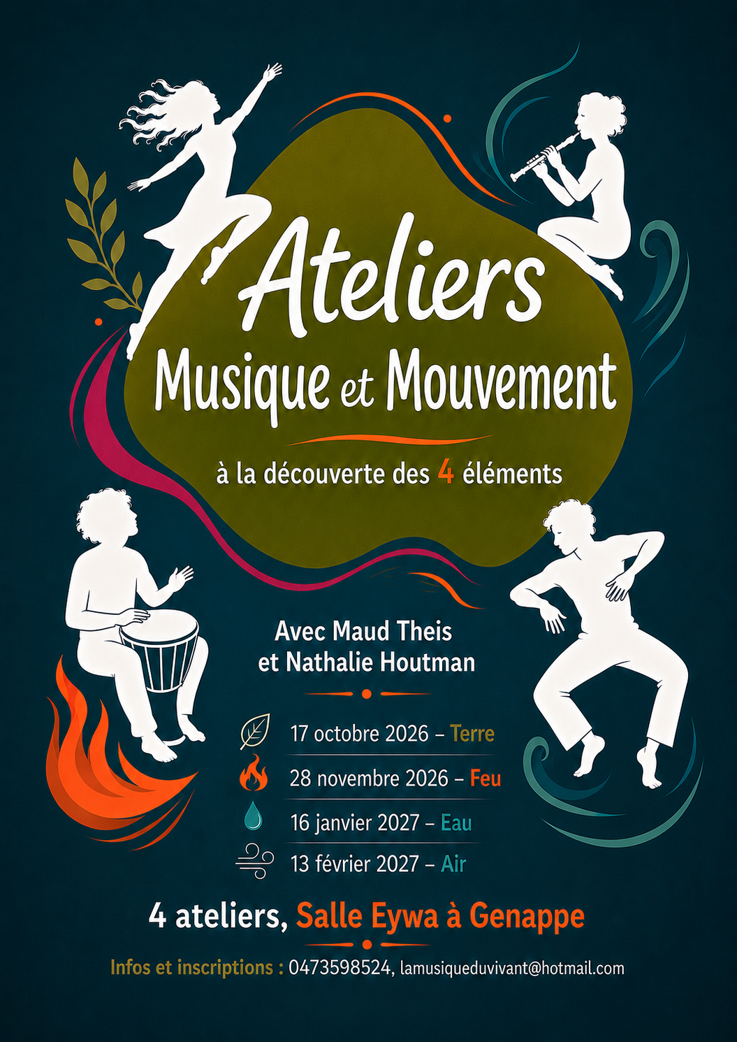 Affiche des ateliers Musique et Mouvement à la découverte des 4 éléments