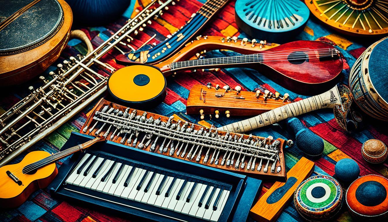 Instruments de musique du monde réunis sur un tissu coloré